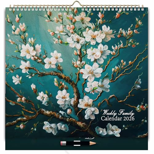 ZXHQ 2026 Weekly Family Calendar Planner UK, 30.5 x 32cm, 2026 Wall Calendar, 6 Column Layout, Jan.2026 - Dec.2026, Perfect Family Planner, with UK Holidays, Storage Pocket, Flower