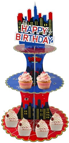 Soporte de Cartón para Cupcakes de 3 Niveles, Color Azul y Rojo con Dibujos Animados para Fiestas Postres Cupcakes Fiestas Cumpleaños Baby Showers
