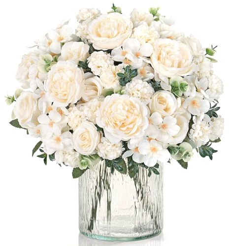 UXORSN 4 buntar konstgjorda rosor pioner blommor vita plastblommor silkespioner ros hortensia konstgjorda blommor bukett blomsterarrangemang för bröllop fest hemma bordscenterstycken dekoration (4