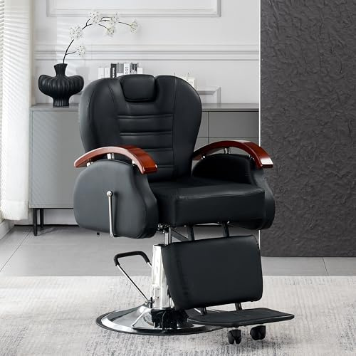 LSBIKE Heavy Duty Salon Barber Chair, Hydraulic Salon Chairs for Hair Stylist, Adjustable Headrest & Footrest Classic Styling Chairs Reclining for Hair Stylist Barbershop, Black