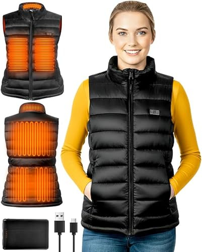 Onherm Chaleco Calefactable Mujer con Batería de 10000mAh, Chaleco Calefactable con 6 Zonas de Calefacción, Chaleco Térmico con 3 Niveles de Temperatura(45℃-65℃) para Esquí/Ciclismo/Exteriores