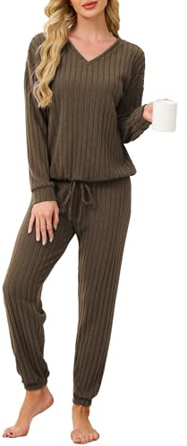 Famulily Women's Ribbed Pyjama Sets V Neck Drawstring Hem Tops and Elastic Cuffs Jogger Pants Loungewear Sets Coffee L