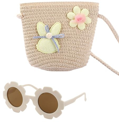 AWAVM Ensemble sac à bandoulière pour filles – Joli sac à main avec lunettes de soleil à fleurs, sac à main tressé réglable pour enfant (Lapin Beige)