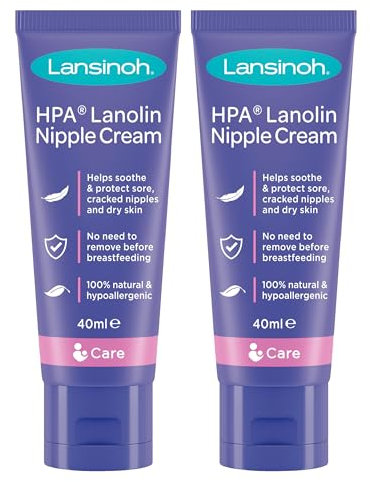 Lansinoh HPA Lanolin Nipple Cream - 2 x 40ml - Sore Nipples Cracked Skin Breast Feeding 100% Natural Hypoallergenic Tasteless & Odourless BPA BPS-free Breastfeeding Hospital Bag Maternity Essentials