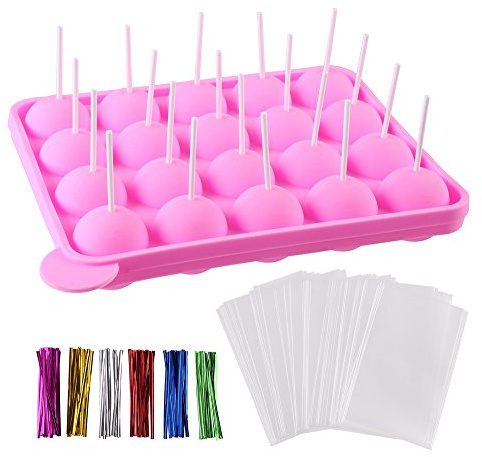 CCINEE 20 Cavity Silicone Cake Pop Mold with 30 pcs of Clear Cellophane Treat Bags 20 pcs Lollipop Sticks and 30 pcs Twist Ties in 6 Colors for Cake Pop Making and Packing