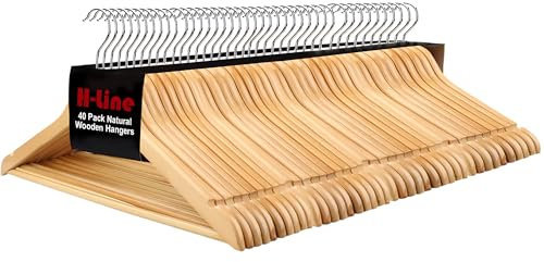 H-line Pack of 40 x Wooden Coat Suit Garment Hangers Wood Wardrobe Hanger with Trouser Bar
