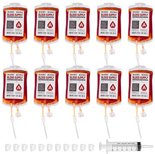 10 Stück Halloween Trinkgefäß Blutbeutel Zum Befüllen Blutbeutel IV Taschen Getränkebehälter mit Spritze Clips Blutart Aufkleber für Halloween Zombie