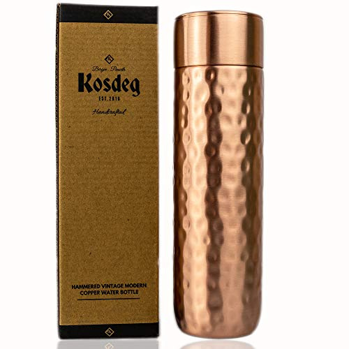 Kosdeg Copper Water Bottle - 0.5L / 17oz - Hammered Vintage Modern Design - An Ayurvedic Copper Vessel For Drinking - Drink More Water, Lower Your Sugar Intake And Enjoy The Health Benefits