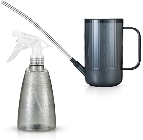 1L Plant Watering Can with Long Spout and 500ml Fine Mist Sprayer Bottle, Garden Flower Watering Pot, Plant Mister Water Sprayer for Indoor Outdoor Plants, House Cleaning - Pack of 2/Grey