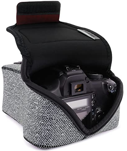 USA GEAR DSLR-Kamerahülle mit Neoprenschutz, Holster-Gürtelschlaufe und Zubehöraufbewahrung – kompatibel mit Canon EOS Rebel T7, 850D, 250D, R7, Nikon D3500, D5600 und mehr (Grau Gewebt)