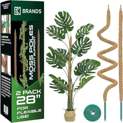 K-Brands Moss Pole (2 Pack, 71 cm/28 In/ 2.3 ft) - Bendable Monstera Plant Support - Cheese Plant Support Pole Sticks - Moss Poles for Climbing Plants - Plant Stakes Indoor with Ties