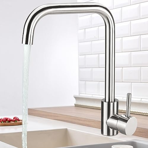 Virklyee Grifos para fregadero Grifo de cocina de una sola palanca, Grifo de Cocina para Acero Inoxidable, giratorio 360, para Agua Caliente y Fría, En forma de L (Plata)
