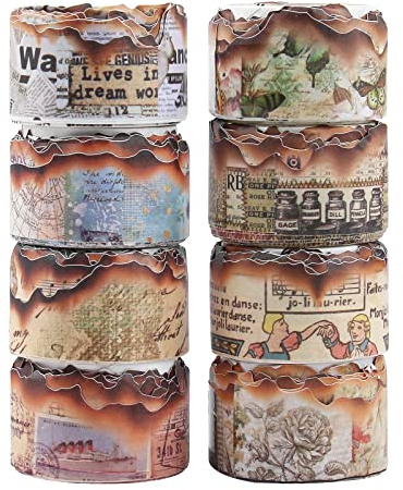 NOGAMOGA Vintage Burnt Washi Tape Set, 8 Rolls, Burnt Looking Edge Scrapbook Masking Tape, Decorative Tape Kit for DIY, Bullet Junk Journal, Art Craft Supplies with Butterfly, Plant