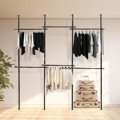 Direct Online Houseware House of Home Triple Telescopic Wardrobe Organiser | Hanging Rail for Walk in Wardrobe | Black Adjustable Corner Clothes Rail & Storage System