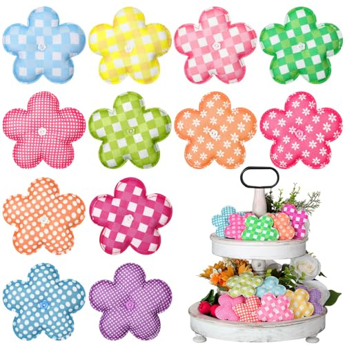 SmoothNovelty 12 Pcs Spring Stuffed Daisy Flower Tiered Tray Decor Felt Flower Daisy Decor Spring Table Decoration Stuffed Fabric Flowers for Crafts Holiday Party