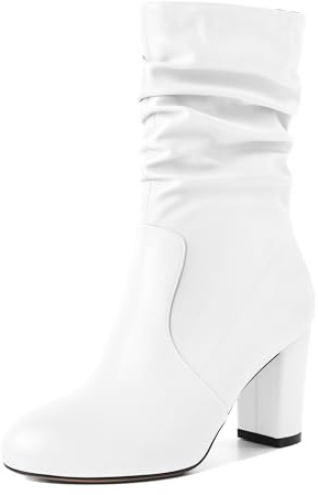Elashe Bottes et Bottines Mi-Mollet Femme Bout Rond Chunky Bloc Slouch Talon Haut Bottes Bout Fermé avec Fermeture Éclair sur le Côté Classique Escarpins Botte Chaussures 8.5CM Blanc EU40