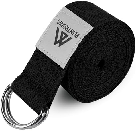 Flintronic Yoga Cinturon, Natural Correa Yoga Algodon, con Hebilla Metal D-Anillos, para Principiantes y avanzados, Ejercicios de Estiramiento, Pilate, Fitnesss - Negro (185 x 3.8cm)