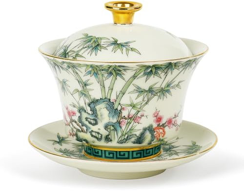 fanquare Gaiwan Chinois Bol à Thé Sancai en Porcelaine avec Couvercle en Fleurs de Prunier Rouges et Bambou Vert Set de Tasses à Thé et Soucoupes Vintage 200ML