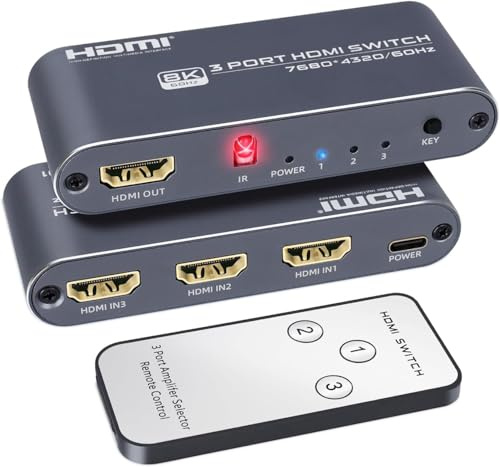 HDMI Umschalter 3 in 1 Out HDMI Switch, 8K 60Hz / 4K 120Hz mit IR-Fernbedienung, kompatibel mit PC, PS5, Xbox, HD-Playern, Blu-Ray-Playern