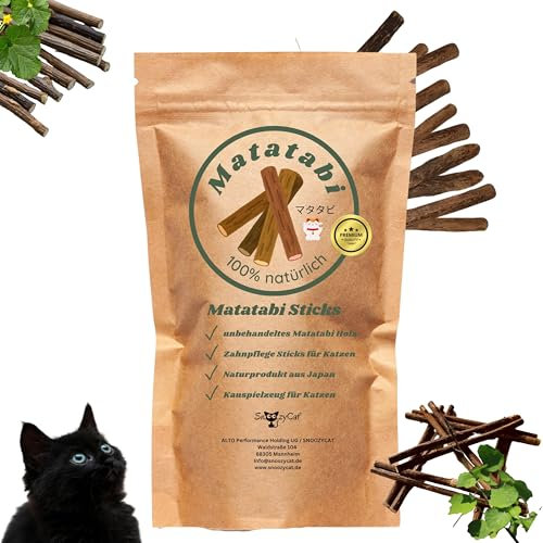 SNOOZYCAT® Matatabi Sticks - 10 Stück: Natürliche Kausticks für Katzen aus naturbelassenem Matatabi Holz, handgeerntet aus Japan, natürliche Zahnpflege, Zahnbürste.