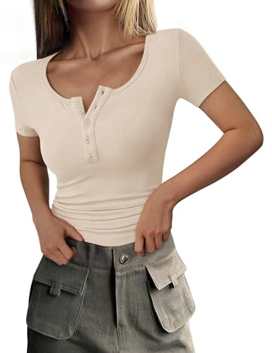 PRETTYGARDEN Womens 2026 Summer Short Sleeve Tops Ribbed Henley Button Slim Fit Basic Casual T Shirts Blouse Fashion Clothing (Beige,Medium)