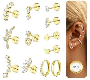 JeweBella 12Pcs Piercing Orecchio Acciaio Chirurgico Set Orecchini Donna Argento Oro Orecchini Cerchio Piccoli Orecchini a Lobo Helix Piercing Cartilagine Conch Piercing Trago