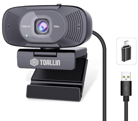 TOALLIN Webcam Full HD 1080p avec deux microphones, caméra Web d'ordinateur, grand angle de vue de 90° sans distorsion, webcam USB Plug and Play pour vidéoconférence/appels en ligne/streaming en