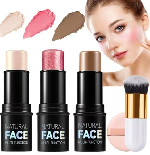 3 Pezzi Contouring Viso,Blush Stick, Contour Highlighter, Bacchetta di Bellezza per Fard, Impermeabile Leggero Stick di Trucco, Finitura Naturale Liscia A Lunga Durata (BLUSH, A)