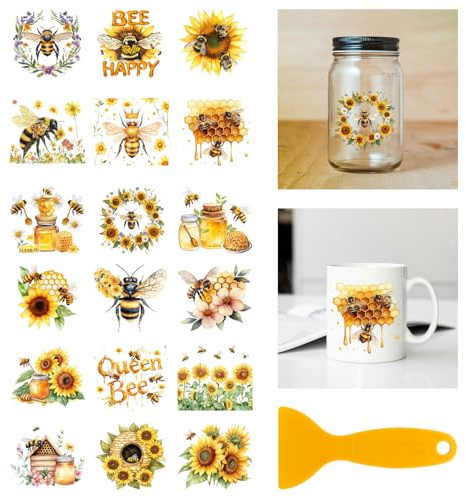 GLOBLELAND 18 Sheets Sunflower and Bee Transfer Stickers 3.9x3.6 inch | Honey and Bee Rub on Transfer Happy UV Cup Wraps for Furniture Vase Glass Mason Jar Decorations Art Crafts