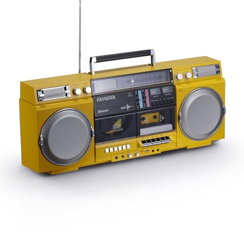aiwa Retro Boombox CD Player with Cassette Recording, Bluetooth 5.0, FM/AM Radio, USB/SD/AUX Inputs, VU Meters, LCD Display, Dual 40W Speakers - Yellow