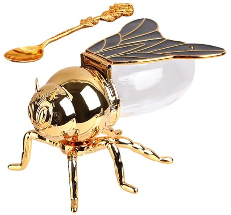 Barattolo di miele a forma di ape, contenitore per miele - vasetti di miele con cucchiaio | Statua animale, ciotola porta zucchero dorato, distributore di sciroppi per sciroppi, erbe e olio