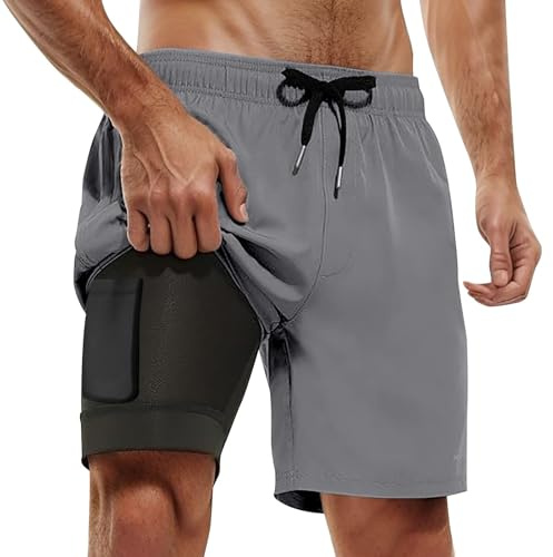 Generisch Short de bain pour homme avec cordon de serrage réglable, matériau léger pour les randonnées à vélo, la randonnée sur la côte, gris, 4XL