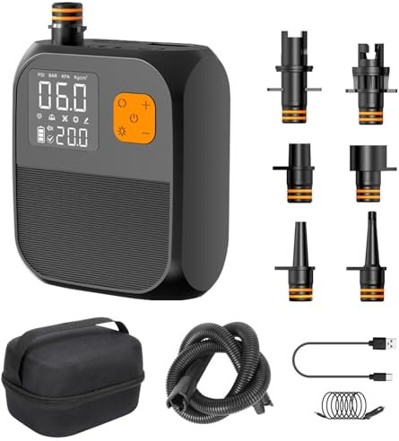 TECKZOON eléctrico inalámbrico portátil Sup Bomba de Aire, 8000mAh MAX 100 L/min, 25PSI, Auto Off, Paddle Board Bomba con 6 boquillas y la aviación Estuche Impermeable para Kayaks y Paddle Boards