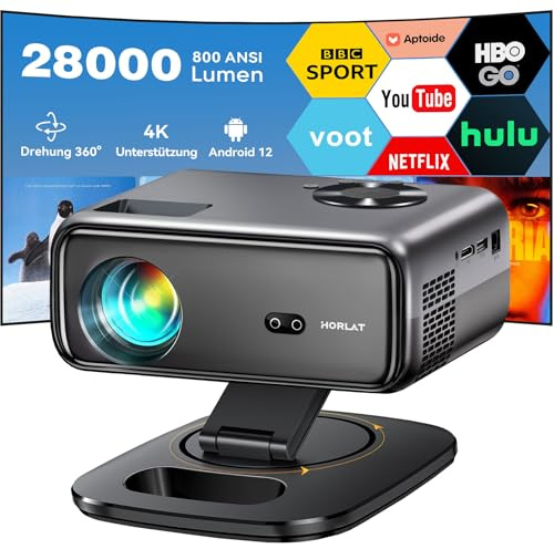 Beamer Kompatibel mit, HORLAT Beamer Unterstützt 4K, 28000 Lumen Full HD 1080P WiFi 6 Bluetooth, Auto Trapezkorrektur 50% Zoom Projektor Mit 360° Drehbarem Ständer