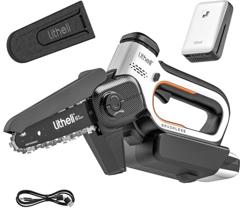 Litheli Mini Motosierra Batería 10000 mAh, 20V, 6 Pulgadas Motosierra de Mano Brushless, Motosierra Pequeña con Lubricación Automática y Bloqueo Seguridad Sierra Eléctrica para Cortar Madera