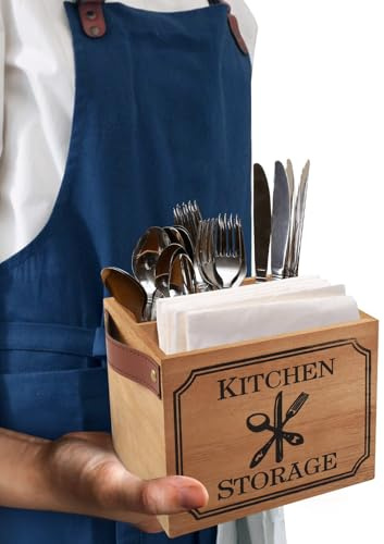 GREENSAPPIRE Besteckkorb aus Holz – Universeller Besteckständer mit 4 Fächern & Serviettenhalter, Küchenorganizer 12,5 × 17 × 12,5 cm