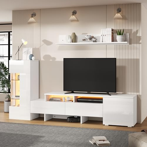Rosebibi Set di 3 mobili da soggiorno per TV, lucidi, con LED, moderno mobile TV in piedi e sospeso, ante in acrilico, parete divisoria in vetro, bianco, TV fino a 70' (bianco-1)
