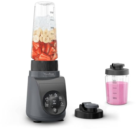 Moulinex Blend Up Essential, Mini Frullatore Salvaspazio, con 6 Programmi Automatici, App e Ricettario Digitale, Pulizia Automatica e Accessori Lavabili in Lavastoviglie, 800W, Grigio Scuro, LM1EHB