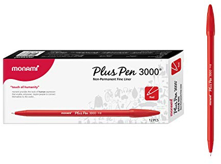 MONAMI Plus Pen 3000 Felt Tip Pens, Fine Point (0.4mm), Fine Liner, Writing/Journaling/Note Taking at home, school and office, Red, 12-Count