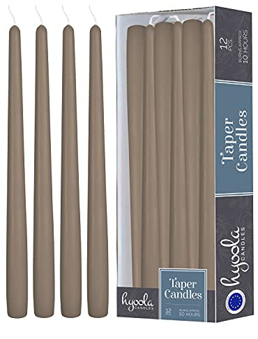 Hyoola 12 Pack Tall Taper Candles - 12 Inch Taupe Dripless, Unscented Dinner Candle - Paraffin Wax with Cotton Wicks - 10 Hour Burn Time.