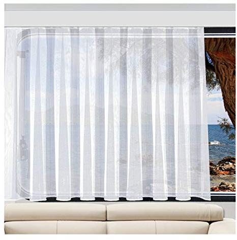 SeGaTeX home fashion Fertiggardine Wohnwagenstore „Anna“ weiß Effektfaden | Höhe nach Maß (Wunschhöhe angeben)| Abschluss unten Zinkband oder Stabsaum Höhe 80-120 cm, Breite wählbar