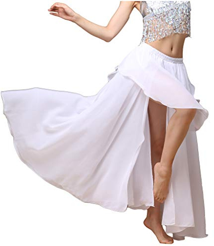 Baisdan Gonna lunga per danza del ventre, in chiffon, con spacco, costume per danza del ventre, bianco, Taglia unica