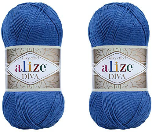 Alize Diva Yarn Hand Knitting Yarn 100% Microfiber Acrylic Yarn Alize Diva Silk Effect Thread Crochet Art Lace Craft Lot of 2 skeins 200gr 767 yds (132-Royal Blue)