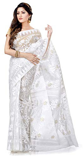 dB DESH BIDESH Women's Cotton Silk Soft Jamdani Saree Handloom Silk Sarees dhakai jamdani fancy Banarasi Weaving Art Silk Zari Party, Wedding, gold saree New Sari Latest sarees White 5.5 meter