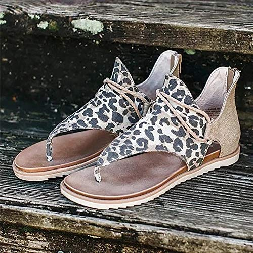 Shhyy Femmes Gladiateur Sandale, Femme Léopard Sandales,Confortable léopard Cou Tongs Vintage décontracté Dos Talon Plat Clip-Toe Chaussures,C,43
