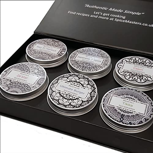 Spicemaster Herbs and Spices Set - 6 Tantalising Spices for Cooking with Ras El Hanout, Japanese 7 Spice, Za'atar, Ultimate Burger, Tikka and Cajun Seasoning | BBQ Set for Men in Elegant Storage Box