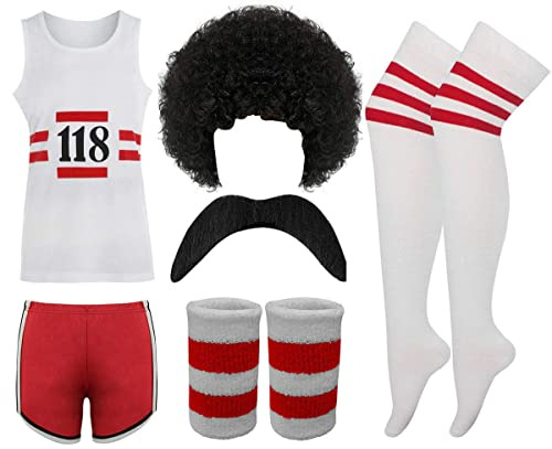 FAIRY BOUTIQUE 118 Fancy Dress Costume Vest + Shorts + Wig + Tash + Socks + Wrist Band Set Marathon Retro Outfit Set