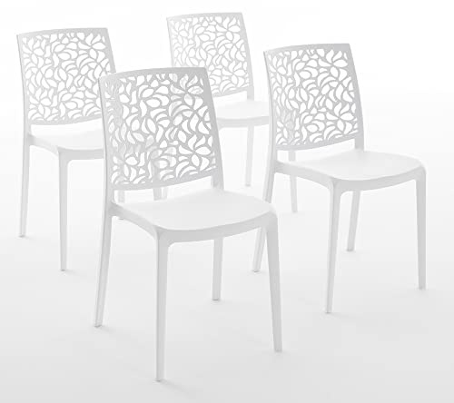 Sillas de resina moderna apilables de polipropileno con fibra de vidrio, para interior, cocina o comedor, exterior y jardín, sillas de restaurante y contract - Anna (4 Sillas, Blancas)