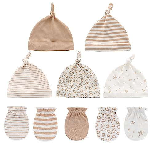 Ecojoy Newborn Baby 5 Mützen und 5 Paar Kratzfeste Fäustlinge für Babys Jungen und Mädchen, Alter 0-6 Monate, 100% Baumwolle, Einheitsgröße, Beige