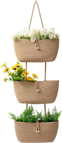 danpinera Hängeregal Tür, 3-stöckige Baumwollseilkörbe mit Knopfriemen über der Tür, Wandorganizer Hängend mit 2 Arten von Haken, Hängeaufbewahrung für Bad, Tür Organizer Bad für Aufbewahrung, Jute